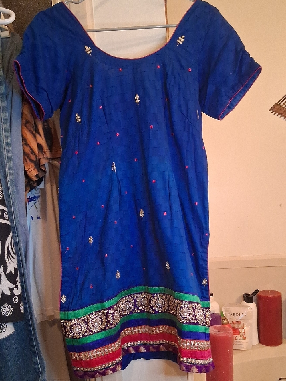 Women's Royal Blue Embroidered Tunic with Decorative Hem,sz.s-m